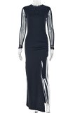 Black Elegant Solid Color Slit O Neck Long Dresses