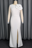 White Elegant Solid Color Slit Flower Shape O Neck Evening Dresses
