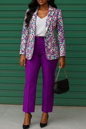Purple Casual Print Contrast Turn-back Collar Long Sleeve Two Pieces