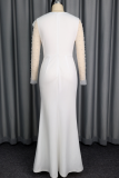 White Elegant Solid Color Slit Flower Shape O Neck Evening Dresses