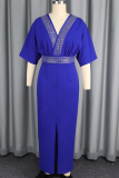 Blue Elegant Solid Color Slit Hot Drill O Neck Evening Dresses