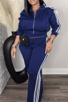 Navy Blue Casual Stripe Contrast Zipper Collar Long Sleeve Two Pieces