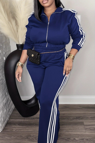 Navy Blue Casual Stripe Contrast Zipper Collar Long Sleeve Two Pieces