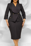 Black Elegant Solid Color Buttons Turn-back Collar Pencil Skirt Dresses