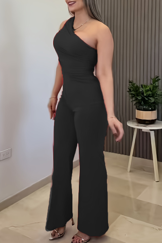 Black Casual Solid Color Patchwork Oblique Collar Regular Jumpsuits