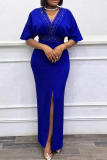 Blue Elegant Solid Color Slit Hot Drill O Neck Evening Dresses