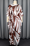White Brown Casual Stripe Draw String Contrast O Neck Half Sleeve Long Top