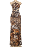 Brown Sexy Leopard Print Hollow Out Slit Halter Long Dresses