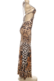 Brown Sexy Leopard Print Hollow Out Slit Halter Long Dresses