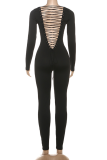 Black Sexy Solid Color Cross Straps Square Neck Skinny Jumpsuits