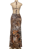 Brown Sexy Leopard Print Hollow Out Slit Halter Long Dresses