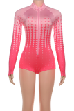 Red Sexy Print Zipper Zipper Collar Skinny Rompers