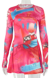 Red Sexy Print Patchwork O Neck A Line Dresses