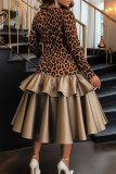 Brown Elegant Leopard Print Patchwork Square Neck Long Plus Size Dresses