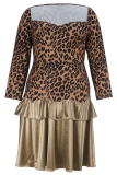 Brown Elegant Leopard Print Patchwork Square Neck Long Plus Size Dresses