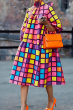Brown Casual Colorblock Contrast Turtleneck Printed Plus Size Dresses