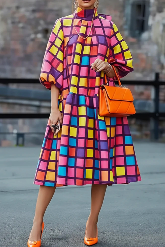 Brown Casual Colorblock Contrast Turtleneck Printed Plus Size Dresses