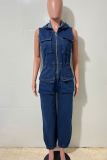 Deep Blue Casual Solid Color Zipper Hooded Sleeveless Bodycon Denim Jumpsuits