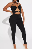 Black Sexy Solid Color Hollow Out Halter Skinny Jumpsuits