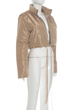 Khaki Casual Solid Color Zipper Turndown Collar Outerwear