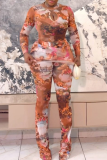 Pink Sexy Print Hollow Out O Neck Skinny Jumpsuits