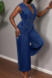 Deep Blue Casual Solid Color Zipper Hooded Sleeveless Bodycon Denim Jumpsuits