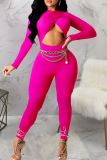 Burgundy Sexy Solid Color Hollow Out O Neck Skinny Jumpsuits