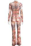 Pink Sexy Print Hollow Out O Neck Skinny Jumpsuits