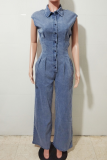 Blue Casual Solid Color Buckle Turndown Collar Sleeveless Bodycon Denim Jumpsuits