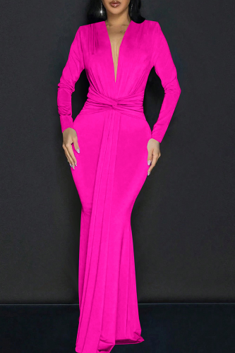 Rose Red Elegant Solid Color Ruched Deep V Neck Long Dresses