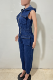 Deep Blue Casual Solid Color Zipper Hooded Sleeveless Bodycon Denim Jumpsuits