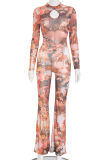 Pink Sexy Print Hollow Out O Neck Skinny Jumpsuits