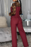 Burgundy Casual Leopard Print Strap Design O Neck Long Sleeve Two Pieces