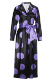 Purple Elegant Print Strap Design Contrast Turndown Collar Long Dresses