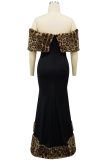 Black Sexy Leopard Print Slit Off Shoulder Long Dresses