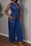 Deep Blue Casual Solid Color Zipper Hooded Sleeveless Bodycon Denim Jumpsuits