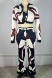 Cream White Casual Print Zipper Zipper Collar Long Sleeve Three Pieces