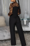 Burgundy Casual Leopard Print Strap Design O Neck Long Sleeve Two Pieces