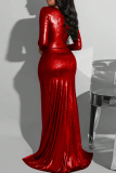 Red Sexy Solid Color High Slit Deep V Neck Long Dresses