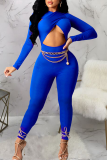 Burgundy Sexy Solid Color Hollow Out O Neck Skinny Jumpsuits