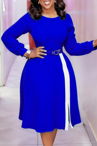 Royal Blue Casual Solid Color With Belt Contrast O Neck Long Dresses