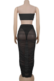 Brownness Sexy Solid Color Metal Accessories Trim Strapless Sleeveless Two Pieces