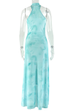 Lake Blue Casual Vacation Print Patchwork Halter Long Dresses