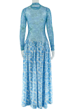 Blue Elegant Print Contrast O Neck Long Dresses
