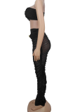 Brownness Sexy Solid Color Metal Accessories Trim Strapless Sleeveless Two Pieces