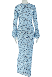 Light Blue Casual Print Patchwork O Neck Long Dresses