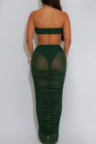 Brownness Sexy Solid Color Metal Accessories Trim Strapless Sleeveless Two Pieces