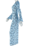 Light Blue Casual Print Patchwork O Neck Long Dresses