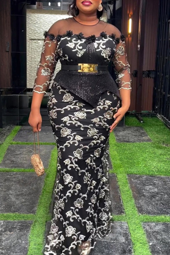 Champagne Sexy Print Lace O Neck Long Plus Size Dresses