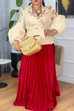 Black Elegant Print Pleated Turn-back Collar Plus Size Two Pieces